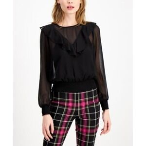 Bar III Blouse Womens Medium Deep Black Ruffle Trim Long Sleeve Sheer Top Career